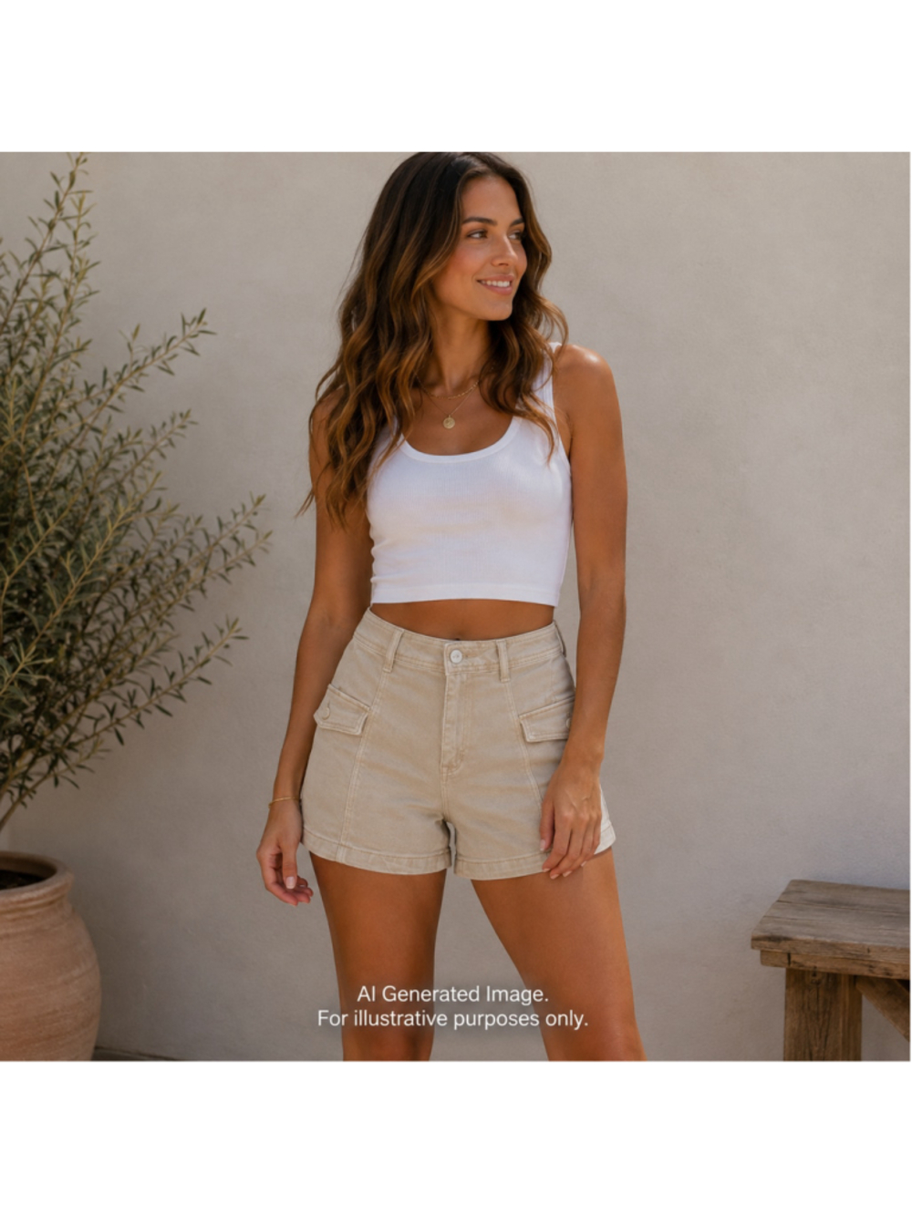 Risen Cargo Denim Shorts Women Medium Khaki High Rise Stretch Utility Pocket NWT